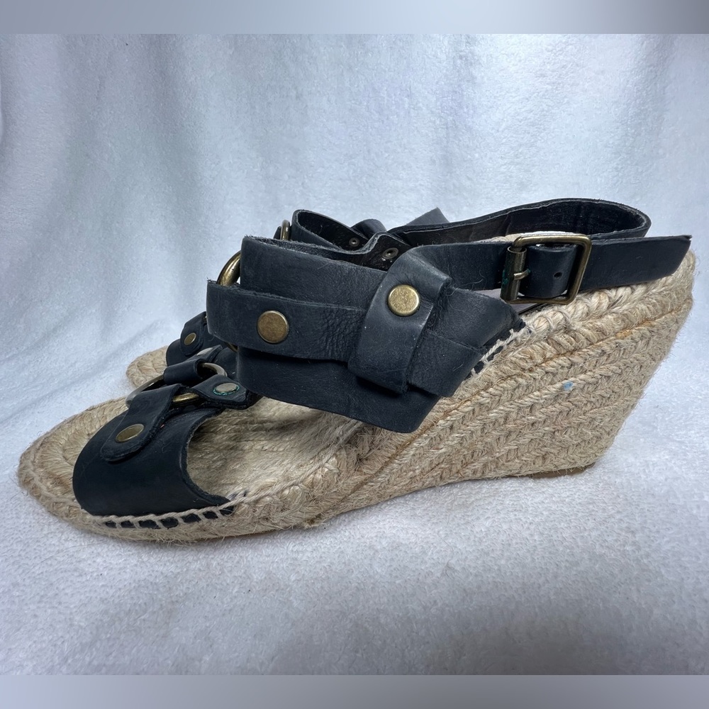 Ralph Lauren navy Leather Espadrille Wedge Sandals